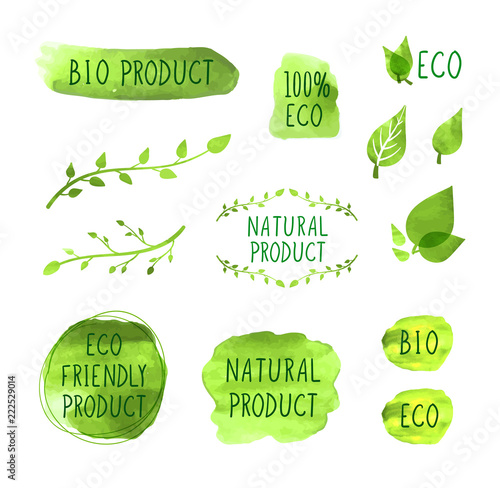 Vector Set of Watercolor Drawn Icons, Natural Products, Organic Healthy Eating Concept, Drawings Collection.