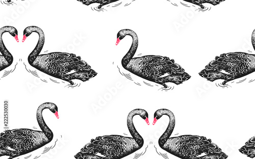 Swans and water lily. Seamless pattern