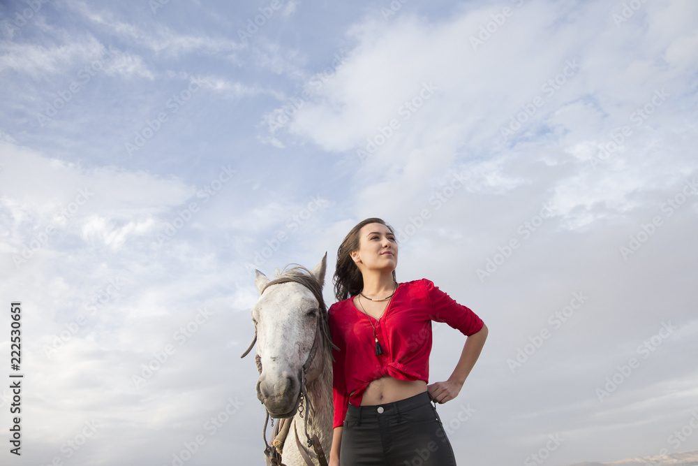 white horse and beautiful young woman. Fashion model with her white horse, Freedom, happiness, summer. Love white horse and beautiful young woman. Fashion model with her white horse, Freedom, happiness, summer. Love
