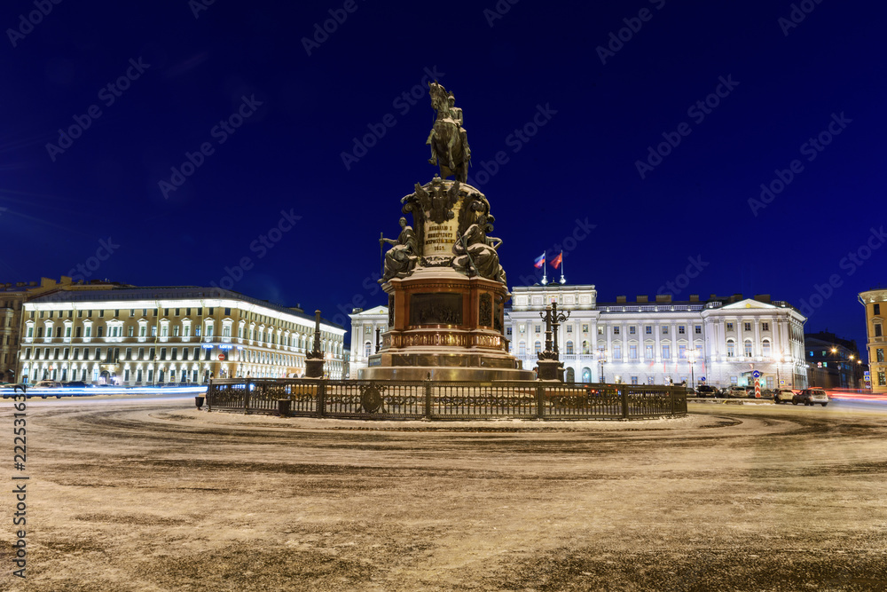 Monument to Nicholas I on St Isaac's Square at night in winter. Saint Petersburg. Russia