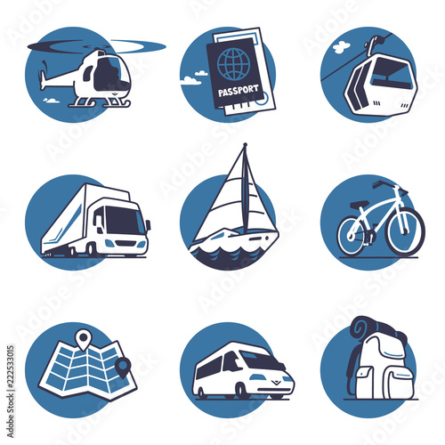 Transportation illustrations set. Vector graphics. 3 colors. Logo Templates.