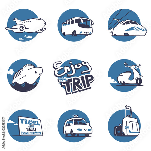 Transportation illustrations set. Vector graphics. 3 colors. Logo Templates.