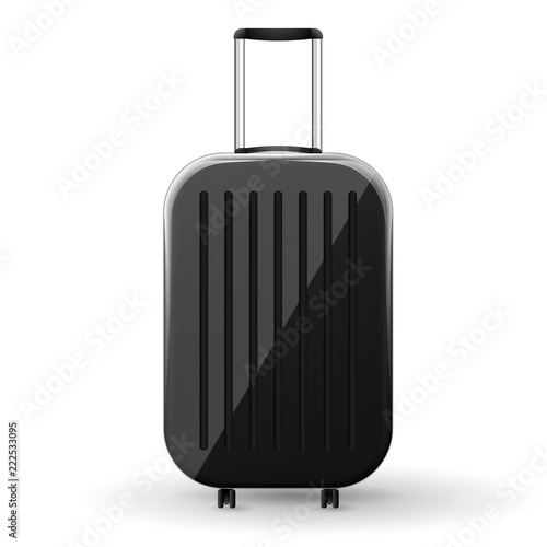 Gloss black hard shell suitcase with spinner wheels. Vector Illustration.