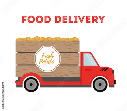 Vector food delivery - shipping of garden products - potato. Car, truck