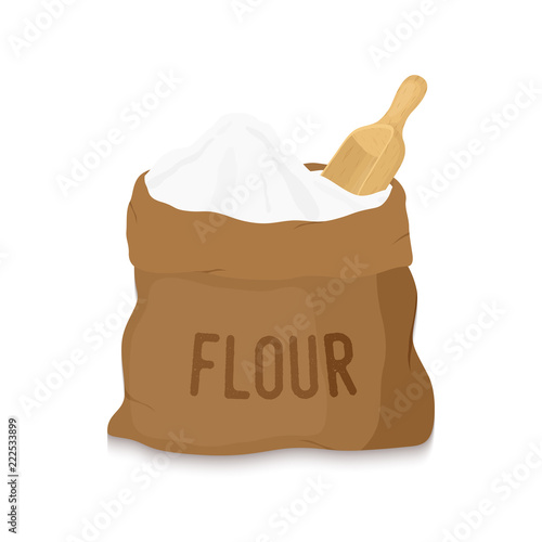 Vector canvas bag with white flour, wooden scoop