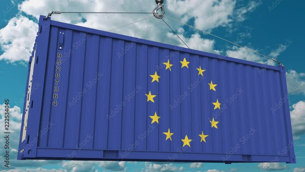 Loading cargo container with flag of EU. European Union import or export related conceptual 3D animation Loading cargo container with flag of EU. European Union import or export related conceptual 3D animation