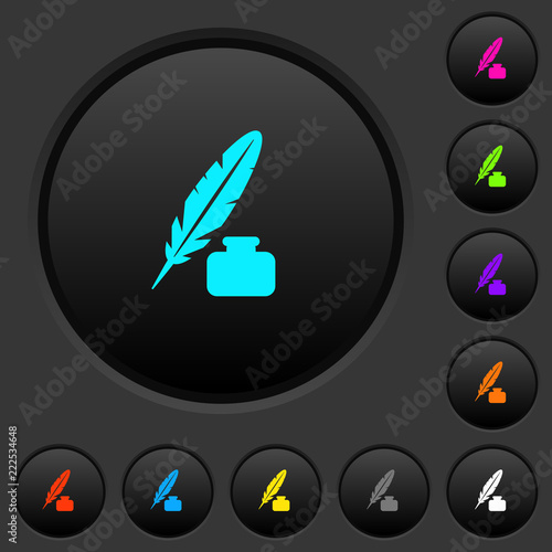 Feather and ink bottle dark push buttons with color icons
