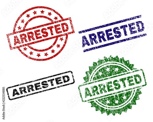 ARRESTED seal prints with distress surface. Black, green,red,blue vector rubber prints of ARRESTED caption with dirty texture. Rubber seals with circle, rectangle, medal shapes.