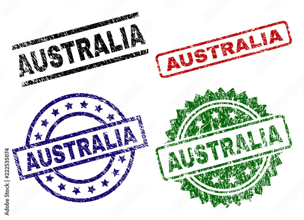 AUSTRALIA seal prints with distress style. Black, green,red,blue vector rubber prints of AUSTRALIA label with unclean style. Rubber seals with round, rectangle, rosette shapes. AUSTRALIA seal prints with distress style. Black, green,red,blue vector rubber prints of AUSTRALIA label with unclean style. Rubber seals with round, rectangle, rosette shapes.