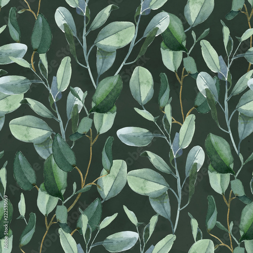 Seamless pattern of green eucalyptus leaves on dark green background