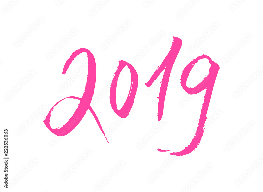 2019 Pink Color Numbers with Hand drawn Lettering. Isolated Symbol or Sign with Brushlettering Scribbles. Use for Laser Cut and Christmas Gift Banner Design. Vector Concept