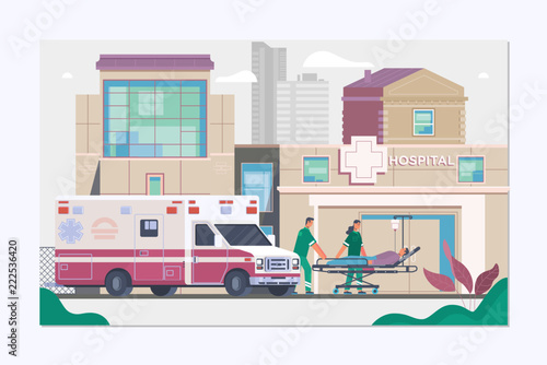 Medicine ambulance concept in flat style.Paramedics and doctor unloading patient from ambulance