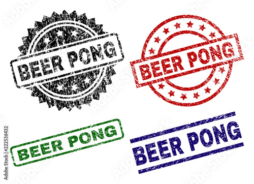 BEER PONG seal prints with corroded style. Black, green,red,blue vector rubber prints of BEER PONG label with dirty style. Rubber seals with round, rectangle, rosette shapes.