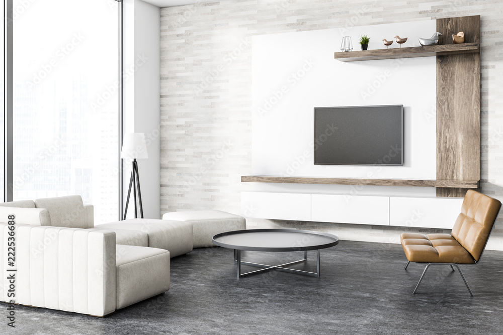 Loft modern living room corner, tv set Stock Illustration | Adobe Stock