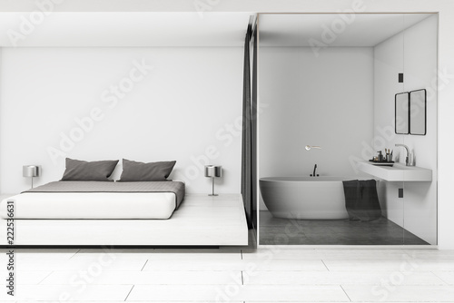 White bathroom and bedroom interior