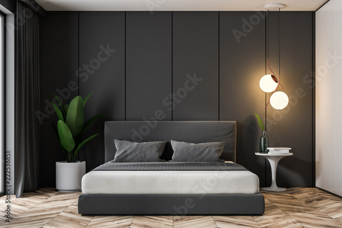 Gray bedroom interior, double bed photo