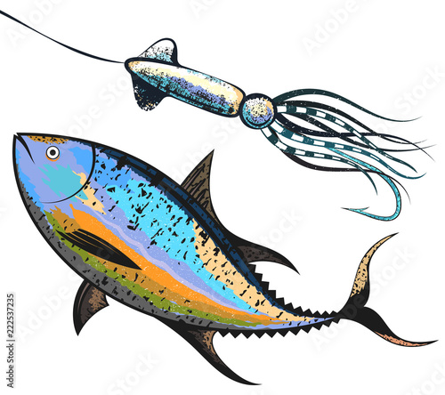 Tuna and bait for fishing vector