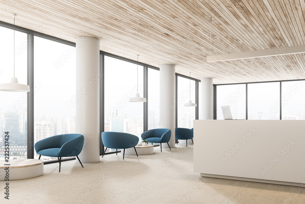Fototapeta premium Wooden ceiling reception hall, armchairs side view