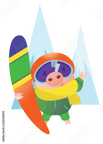 Cute Pig with a snowboard, a helmet, googles and yellow scarf. Vector illustration.  Isolated on transparent background.  Excellent for the design of postcards, posters, stickers and so on.