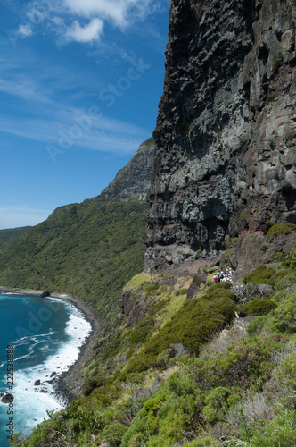 Group of hikers on the scary Mount Gower Track on the near-vertical side of Mount Lidgbird. Lord Howe Island, New South Wales, Australia.