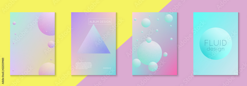 Holographic cover set with radial fluid. Geometric shape on gradient background. Trendy hipster template for placard, presentation, banner, flyer, brochure. Minimal holographic cover in neon color