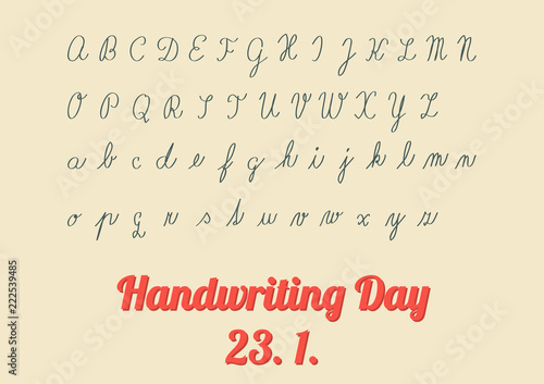 Vintage poster for Handwriting Day, 23 January - celebration is held annualy; with hadnwriting of child like is teaching at school - full font of upper and lower letters
