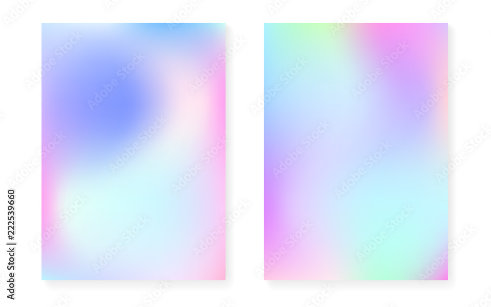Hologram gradient background set with holographic cover. 90s, 80s retro style. Iridescent graphic template for book, annual, mobile interface, web app. Rainbow minimal hologram gradient.