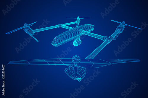 Remote control air drone. Dron flying with action video camera. Wireframe low poly mesh vector illustration