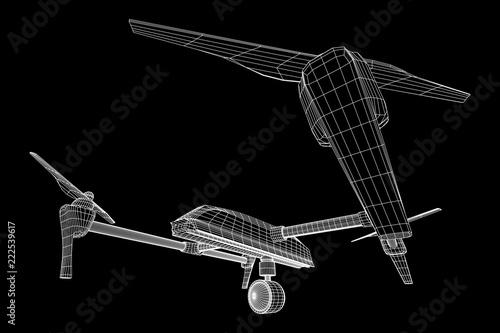 Remote control air drone. Dron flying with action video camera. Wireframe low poly mesh vector illustration