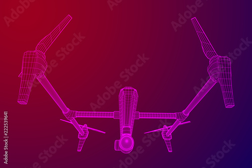 Remote control air drone. Dron flying with action video camera. Wireframe low poly mesh vector illustration
