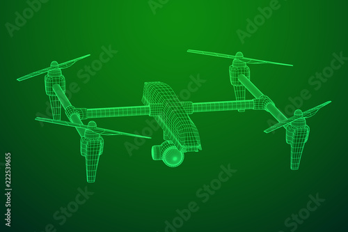 Remote control air drone. Dron flying with action video camera. Wireframe low poly mesh vector illustration