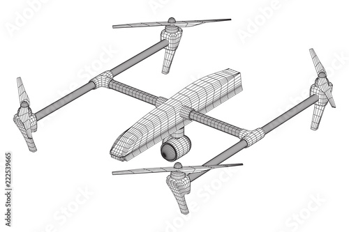 Remote control air drone. Dron flying with action video camera. Wireframe low poly mesh vector illustration