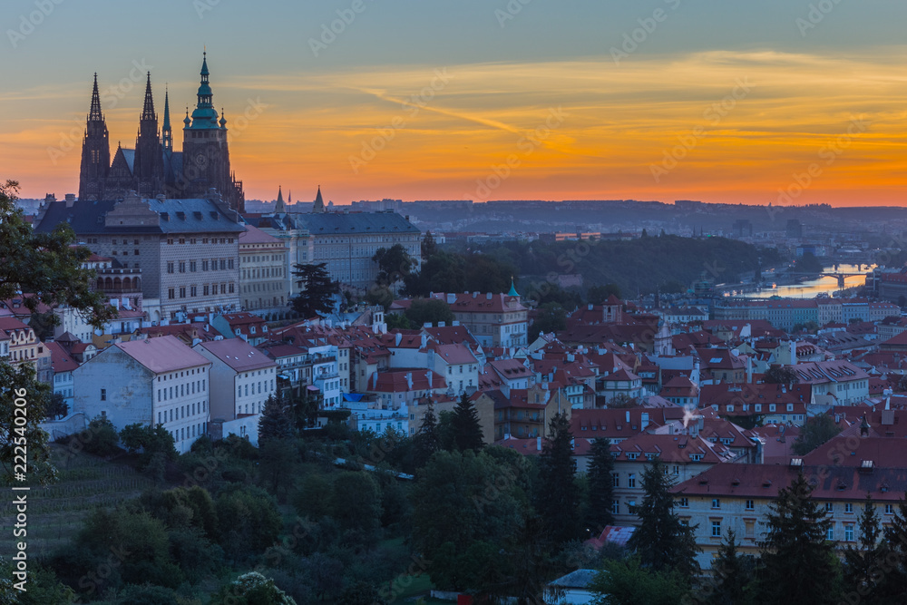 A beautiful sunny morning in Prague, a view of Prague Castle and the old town. UNESCO, Prague, Czech Republic