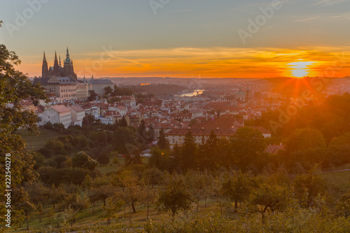 Fototapeta Naklejka Na Ścianę i Meble -  A beautiful sunny morning in Prague, a view of Prague Castle and the old town. UNESCO, Prague, Czech Republic