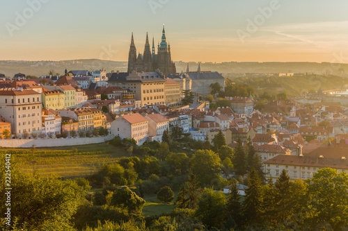 A beautiful sunny morning in Prague, a view of Prague Castle and the old town. UNESCO, Prague, Czech Republic