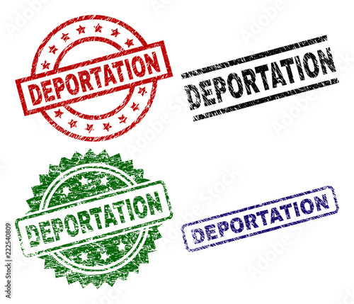 DEPORTATION seal prints with distress texture. Black, green,red,blue vector rubber prints of DEPORTATION title with scratched texture. Rubber seals with circle, rectangle, rosette shapes.