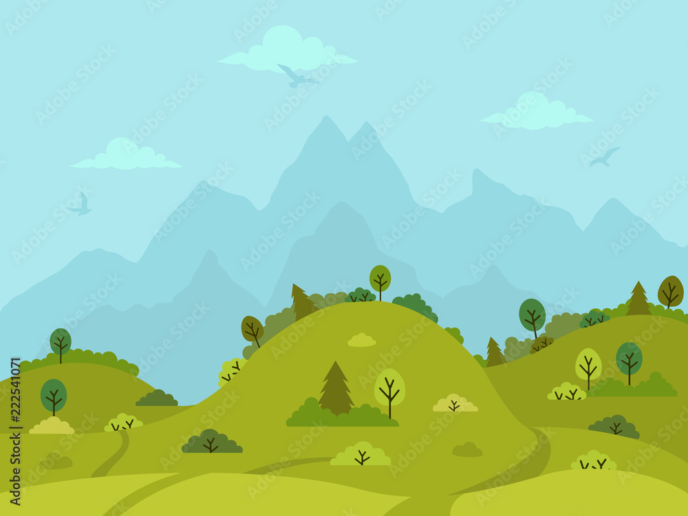 Rural hilly landscape with green hills, trees and mountains. Flat design, vector illustration.