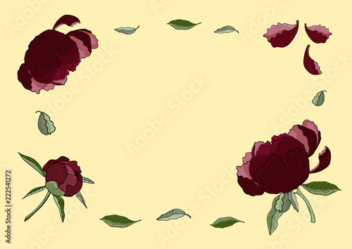 Frame of dark red peony flowers, buds and green leaves. Vintage botanical illustration of beautiful plants isolated on the light orange background. For  invitation and greeting card, print, design.