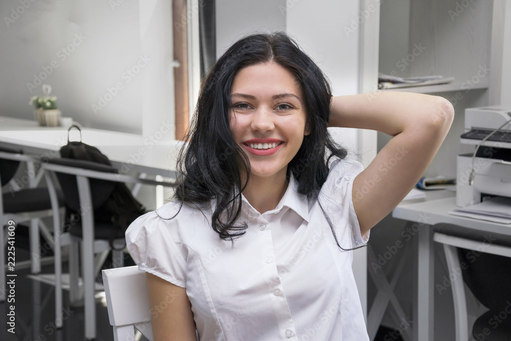 Cute girl sitting at cafe, work, study place Cute girl sitting at cafe, work, study place