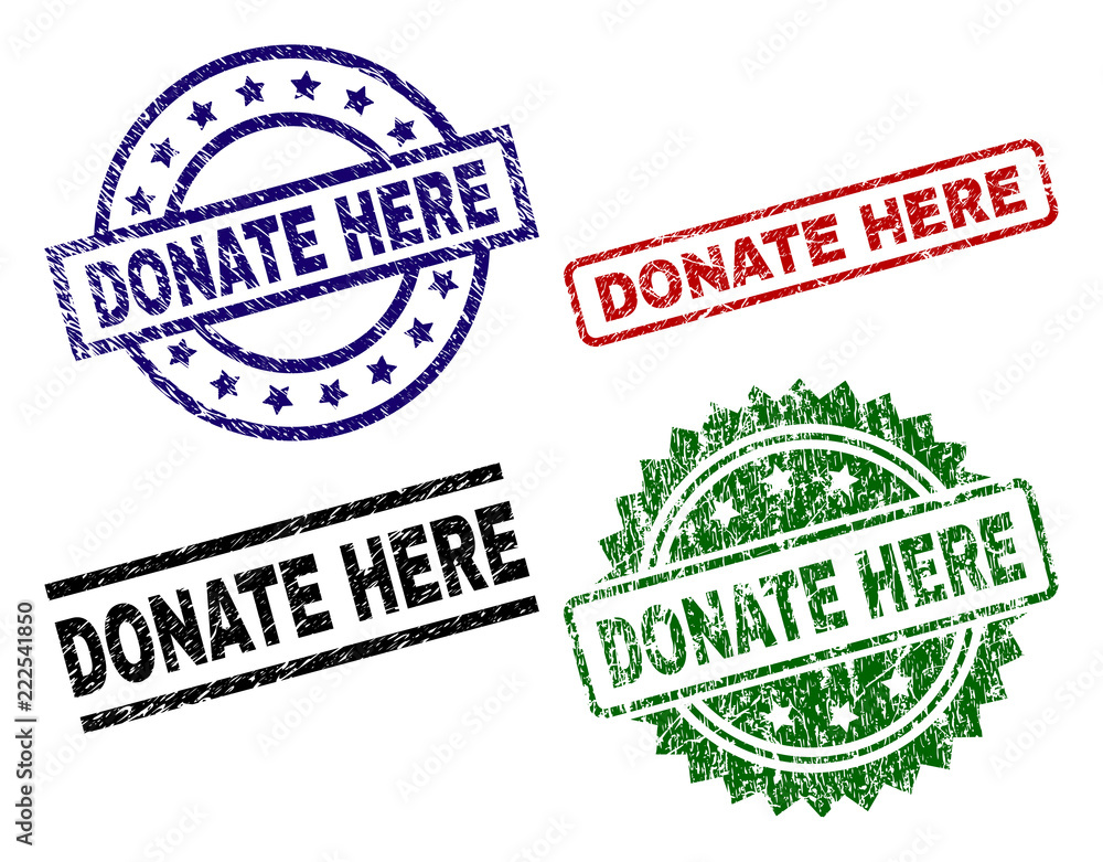 DONATE HERE seal prints with distress surface. Black, green,red,blue vector rubber prints of DONATE HERE label with dirty surface. Rubber seals with circle, rectangle, medal shapes. DONATE HERE seal prints with distress surface. Black, green,red,blue vector rubber prints of DONATE HERE label with dirty surface. Rubber seals with circle, rectangle, medal shapes.