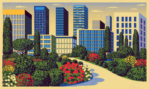 Sunny day in the garden near the city center. Handmade drawing vector. All buildings and plants - customizable different objects.