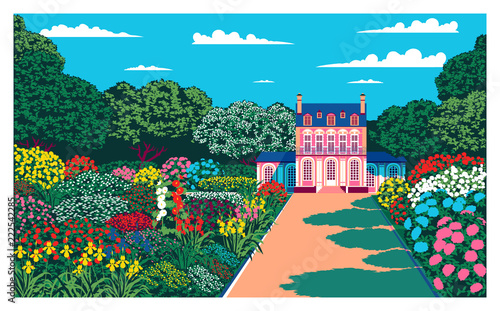 Sunny day in the garden near the pavilion. Handmade drawing vector. Pop art style.