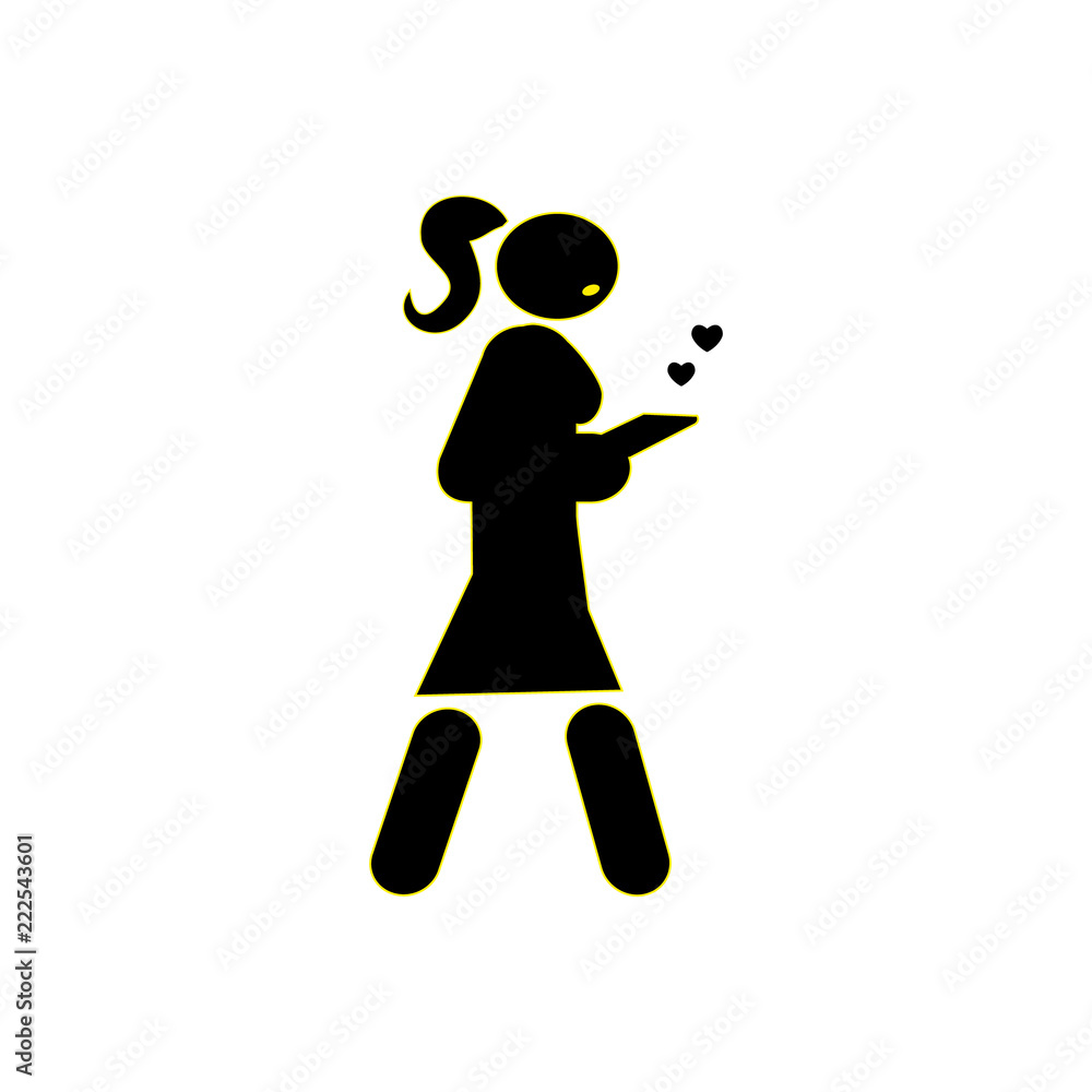 Young girl going forward and holding a cell phone and writing sms, vector silhouette icon Young girl going forward and holding a cell phone and writing sms, vector silhouette icon