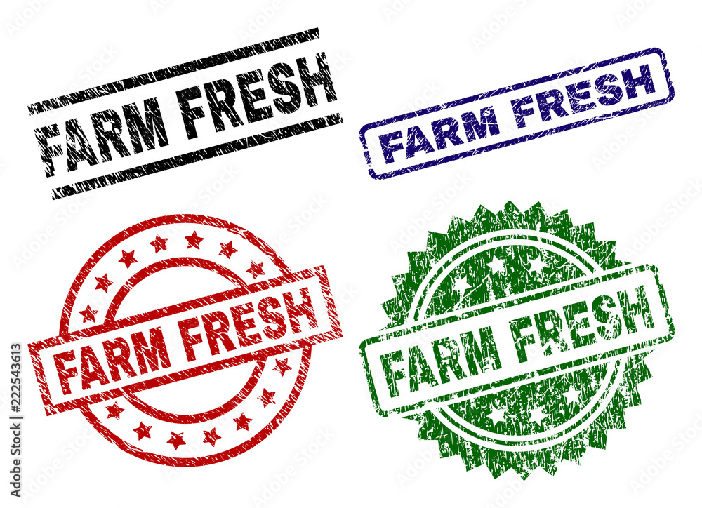 FARM FRESH seal imprints with corroded surface. Black, green,red,blue vector rubber prints of FARM FRESH text with scratched surface. Rubber seals with round, rectangle, rosette shapes. FARM FRESH seal imprints with corroded surface. Black, green,red,blue vector rubber prints of FARM FRESH text with scratched surface. Rubber seals with round, rectangle, rosette shapes.