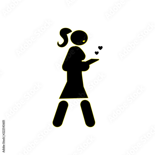 Young girl going forward and holding a cell phone and writing sms, vector silhouette icon