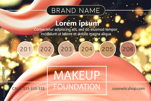 Makeup design template for cosmetic flyer, makeup artist studio or cosmetics shop. Site header, business card, brochure and banner. Foundation smear. Fashion cosmetics on dark horizontal background.