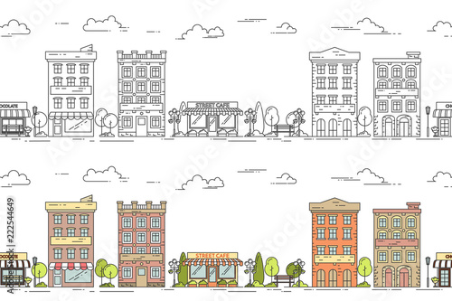 City line vector illustration seamless pattern set with vintage multi storey apartment houses with trees and clouds.