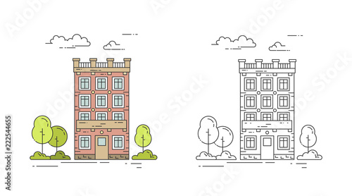 City line vector illustration set with vintage multi storey apartment house with trees and clouds.