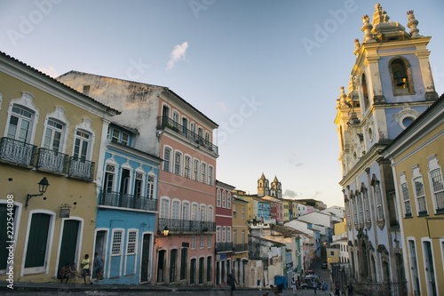 Scenic dusk view of a plaza surrounded by colonial buildings in the historic district of Pelourinho, in Salvador, Bahia, Brazil