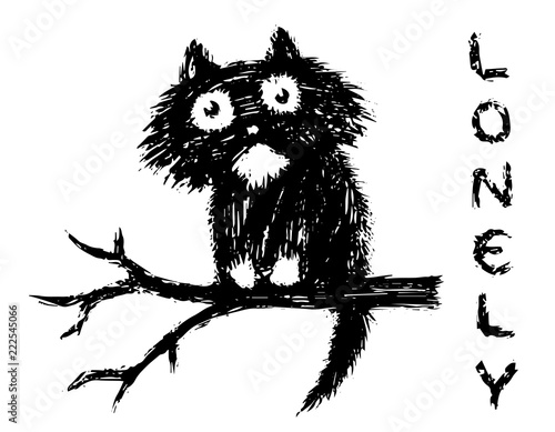 Cute fur lonly cat sits on tree branch. Vector illustration.